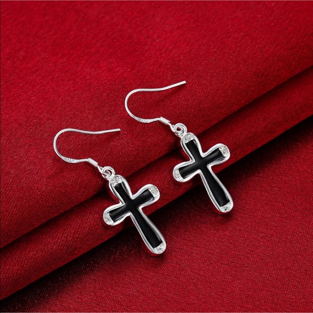 Black Silver Painted Cross Wire Earrings - Picture 2 of 4